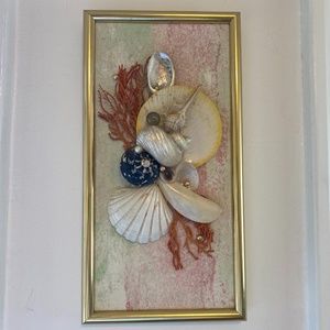 Vintage Handmade Wall Art Gold Frame with Beach Theme and Seashells